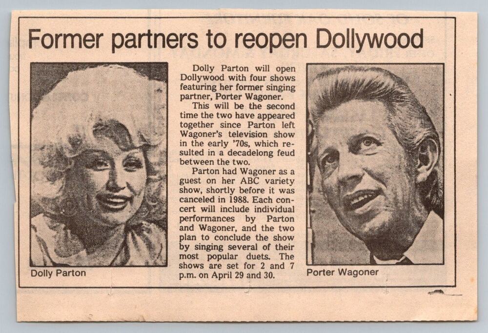 Dolly Parton Porter Wagoner Dollywood Reunion 1989 Newspaper Article Ephemera